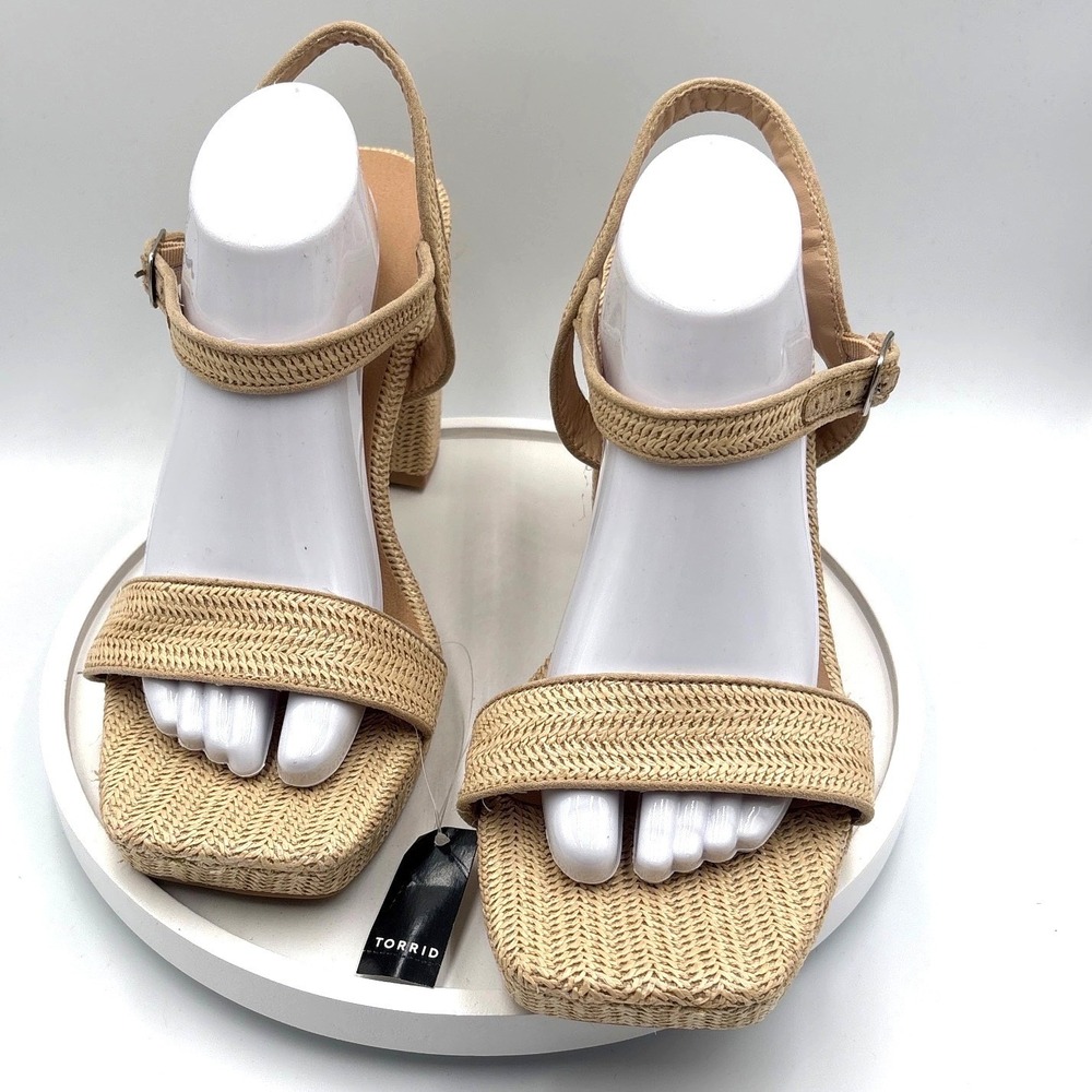 Torrid Raffia Platform Block Heel Sandals Tan Woven Square Toe 13WW 40225174 - Picture 2 of 9